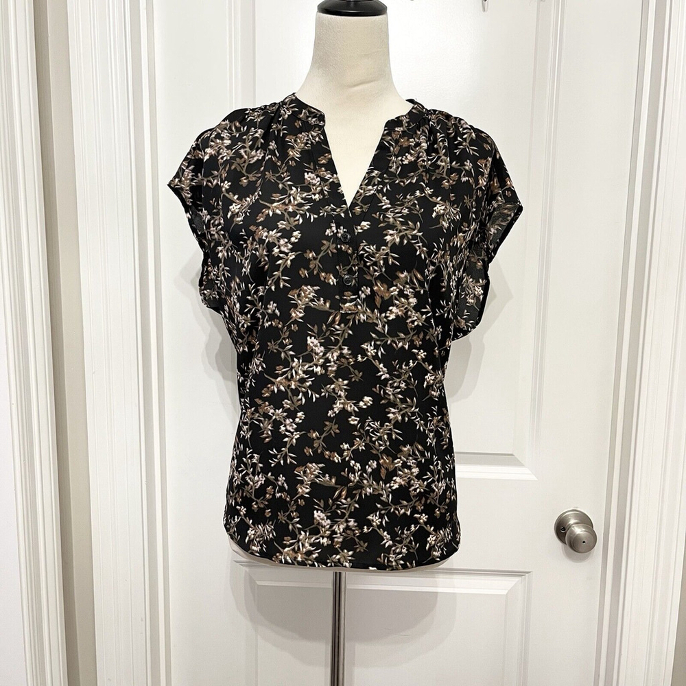 Banana Republic Floral Blouse Womens Medium Black Cream Business Casual